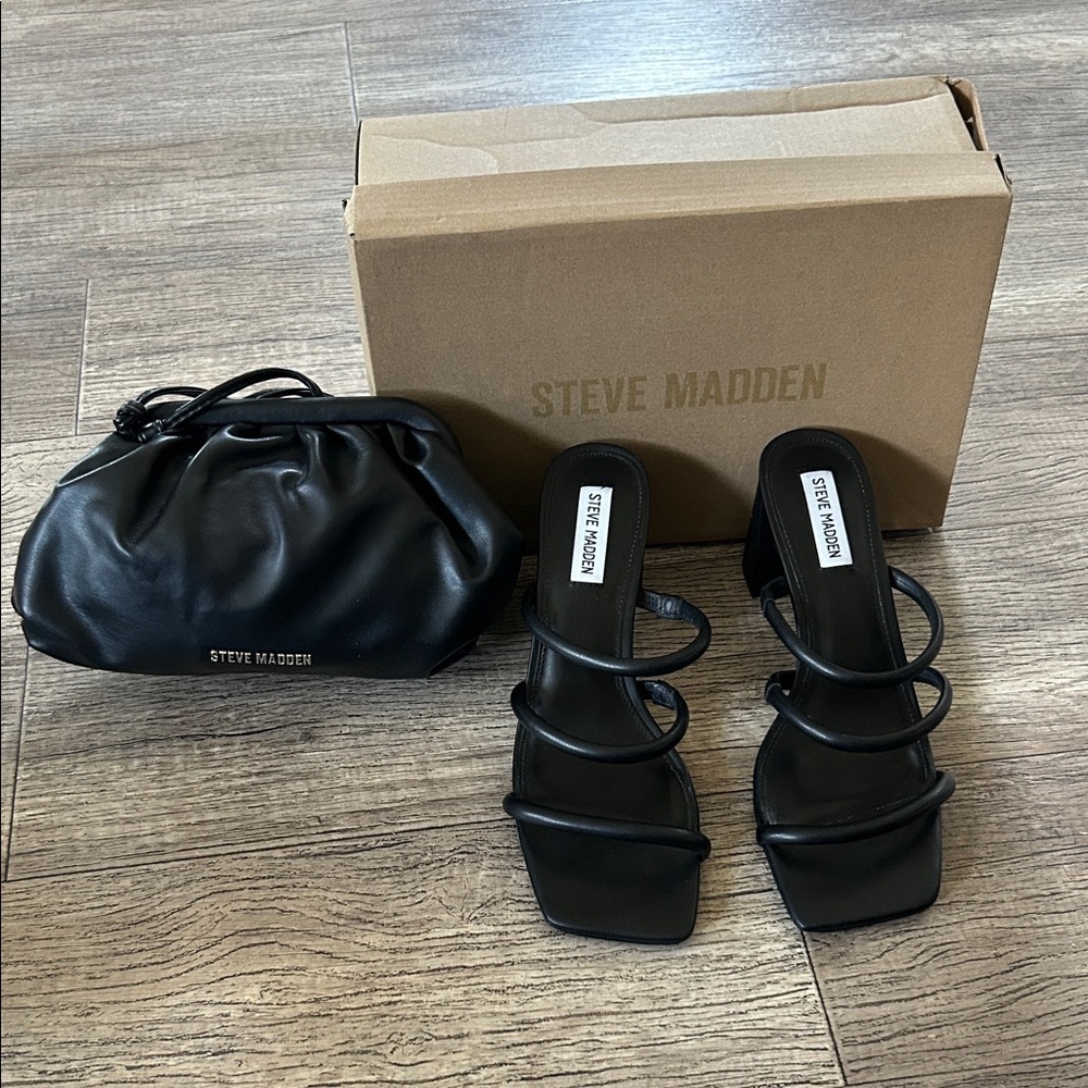 Steve Madden Black Strappy Heels and Clutch Set